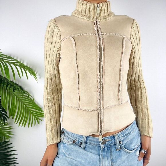 American Vintage Jackets & Blazers - Women's Vintage Y2K Beige Boho Hippie Patchwork Knit Faux Suede Fitted Jacket /S